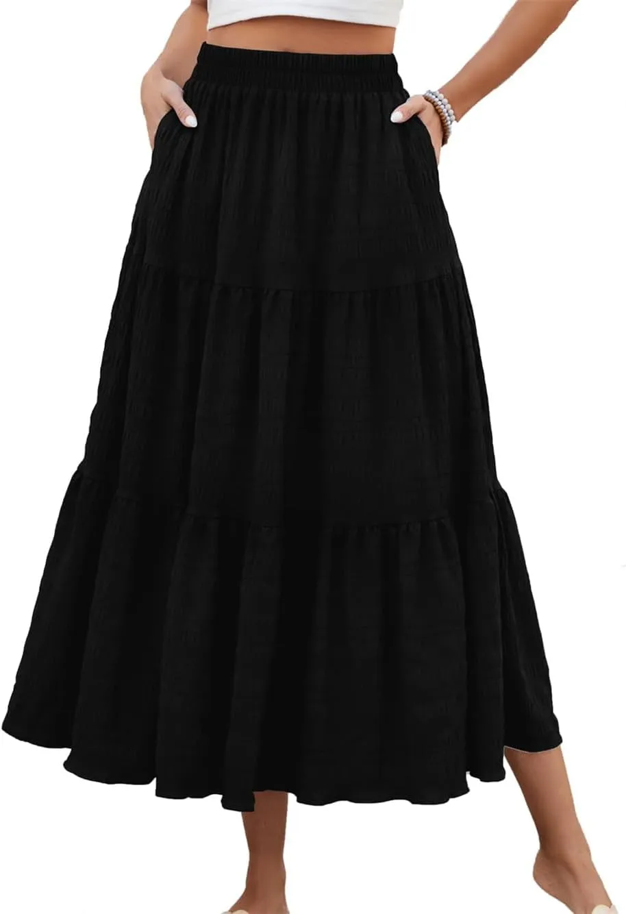 Women's Summer Casual Layered Tiered A Line Maxi Skirt, Elegant Smock Layered Flowy Pleated Maxi Skirt with Pockets