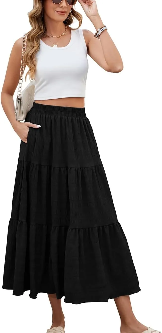 Women's Summer Casual Layered Tiered A Line Maxi Skirt, Elegant Smock Layered Flowy Pleated Maxi Skirt with Pockets