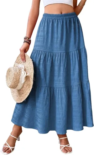 Women's Summer Casual Layered Tiered A Line Maxi Skirt, Elegant Smock Layered Flowy Pleated Maxi Skirt with Pockets