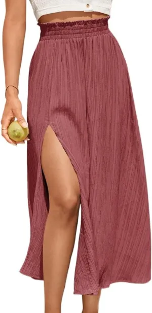Women’s Summer Flowy Skirt Dress Paperbag Waist Slit Long Skirt