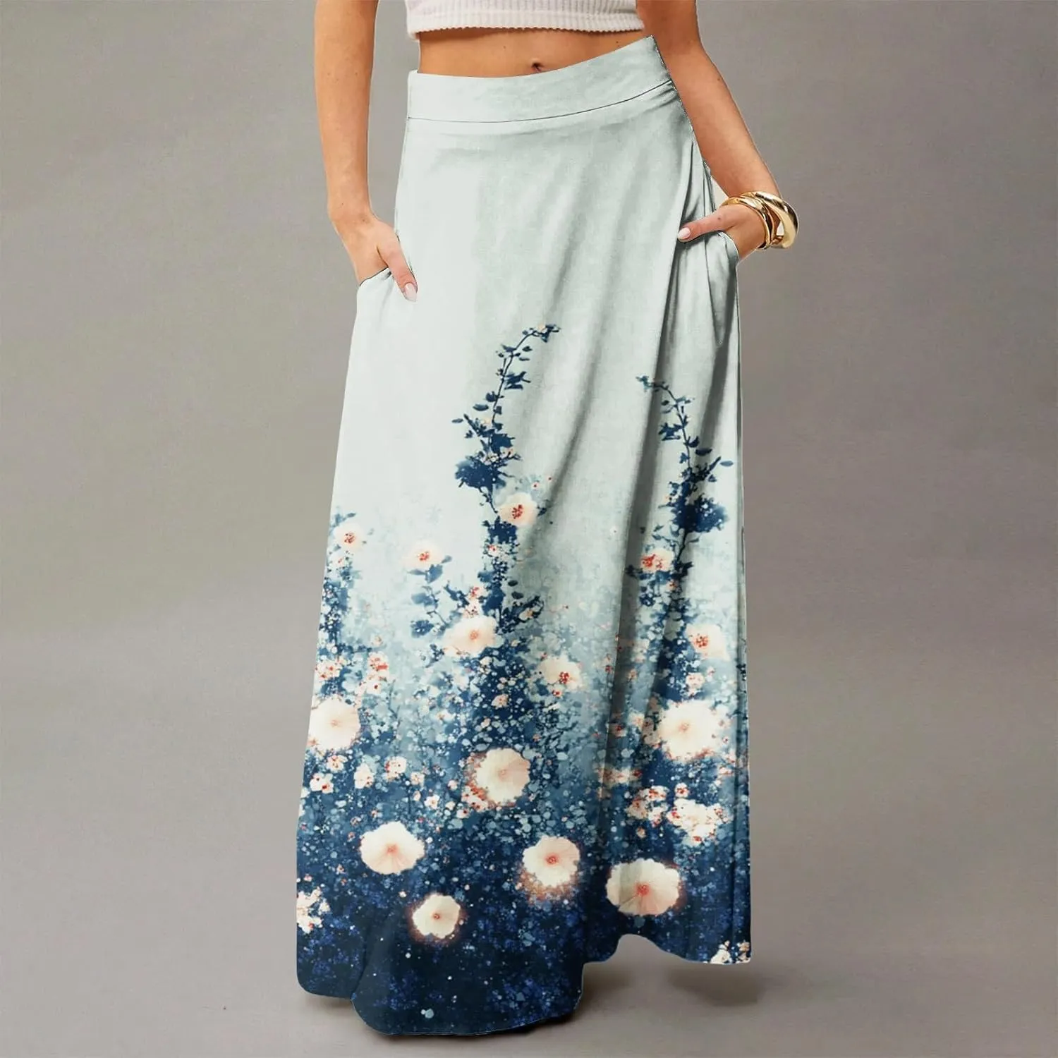 Women's Summer Skirts 2025 Elastic High Waist Flared Maxi Skirts Floral Swing Midi Casual Long Skirt, S-2XL