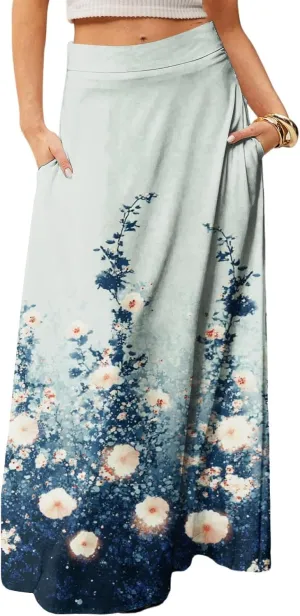 Women's Summer Skirts 2025 Elastic High Waist Flared Maxi Skirts Floral Swing Midi Casual Long Skirt, S-2XL