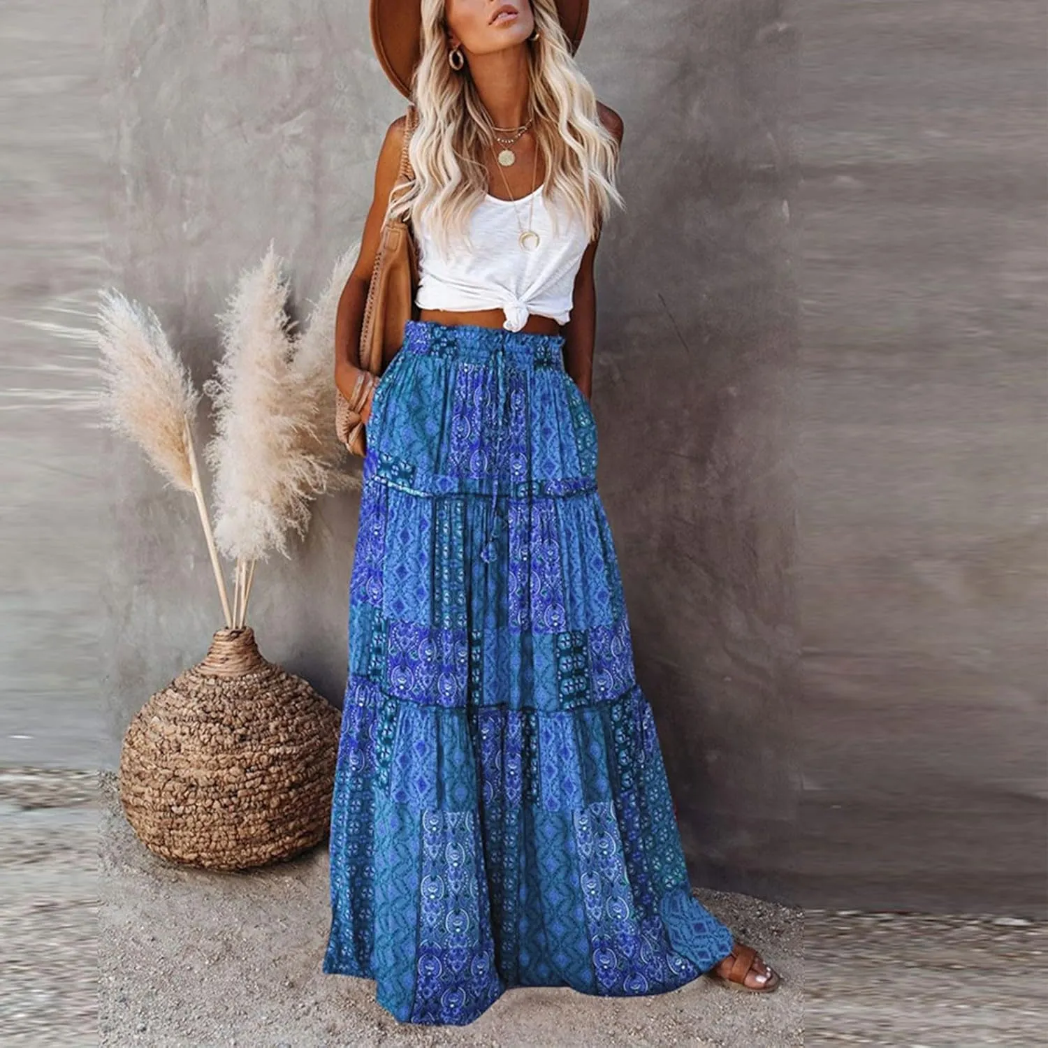 Women's Summer Skirts 2025 Loose Trendy Elastic High Waist Floral Print Boho Sun Beach Long Maxi Skirt, S-2XL