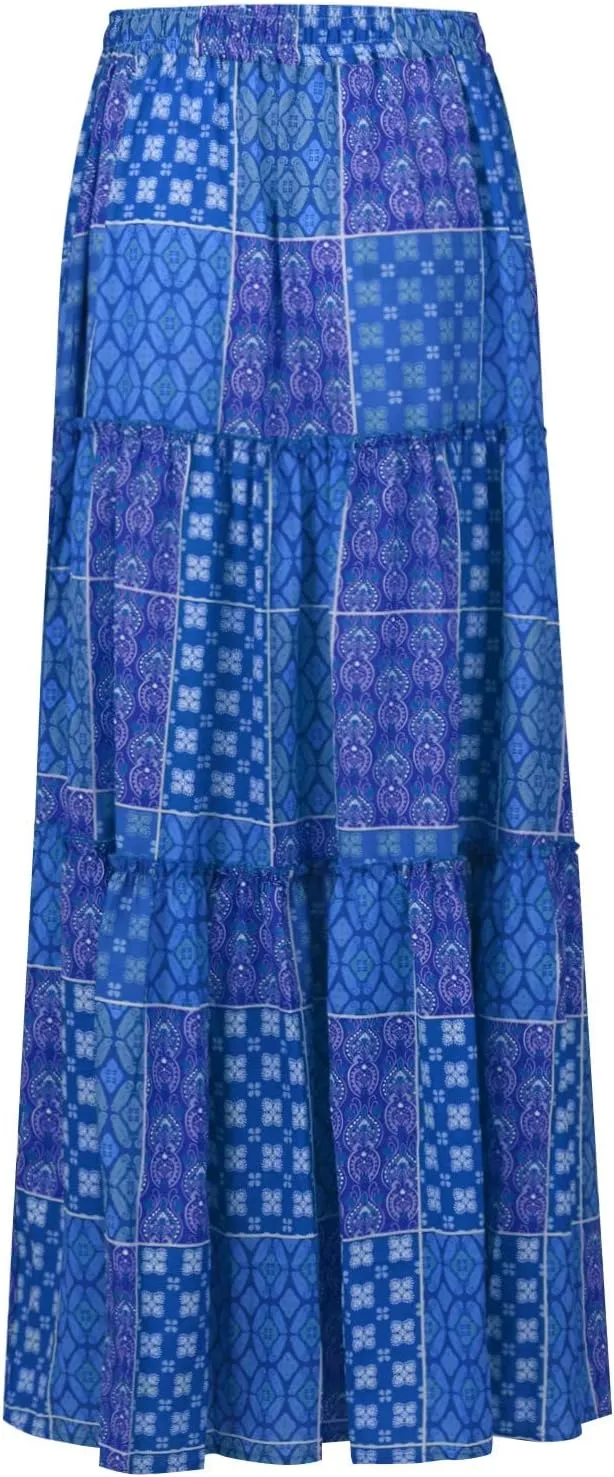 Women's Summer Skirts 2025 Loose Trendy Elastic High Waist Floral Print Boho Sun Beach Long Maxi Skirt, S-2XL