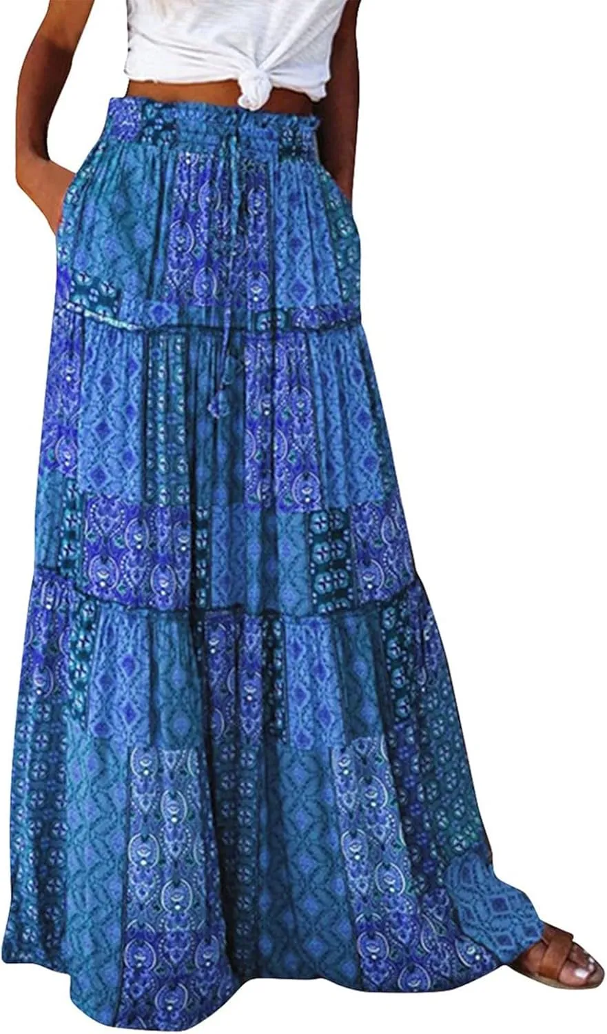 Women's Summer Skirts 2025 Loose Trendy Elastic High Waist Floral Print Boho Sun Beach Long Maxi Skirt, S-2XL