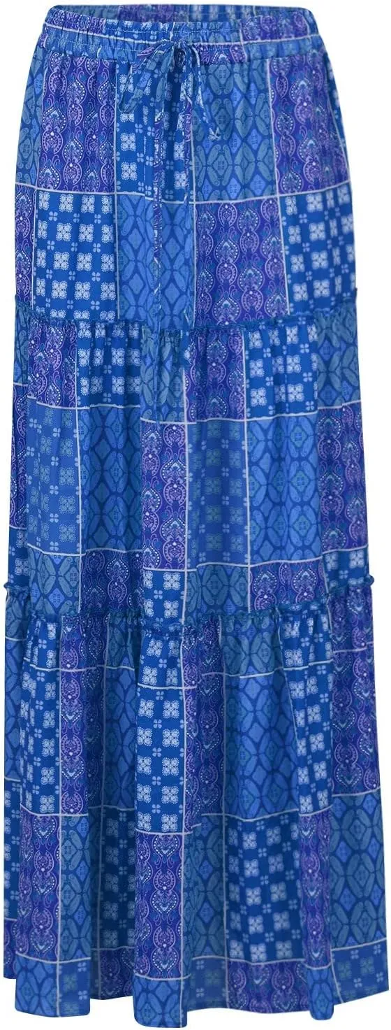 Women's Summer Skirts 2025 Loose Trendy Elastic High Waist Floral Print Boho Sun Beach Long Maxi Skirt, S-2XL