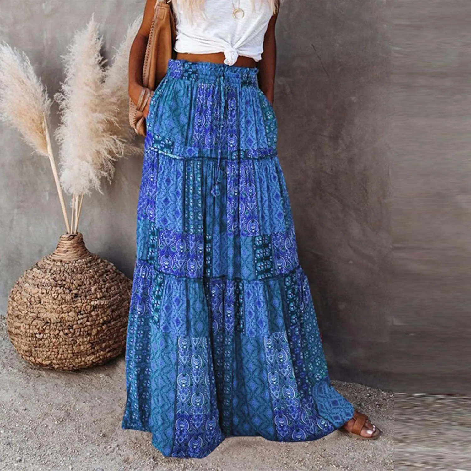 Women's Summer Skirts 2025 Loose Trendy Elastic High Waist Floral Print Boho Sun Beach Long Maxi Skirt, S-2XL