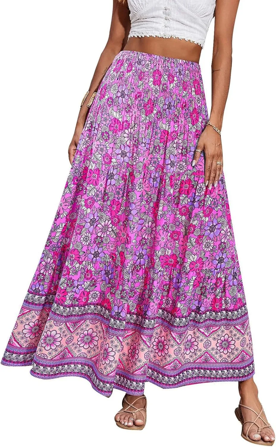 Women's Summer Skirts Boho Maxi Skirt Plus Size Drawstring Elastic Pleated Tiered Aline Skirt Boho Long Tight Skirt