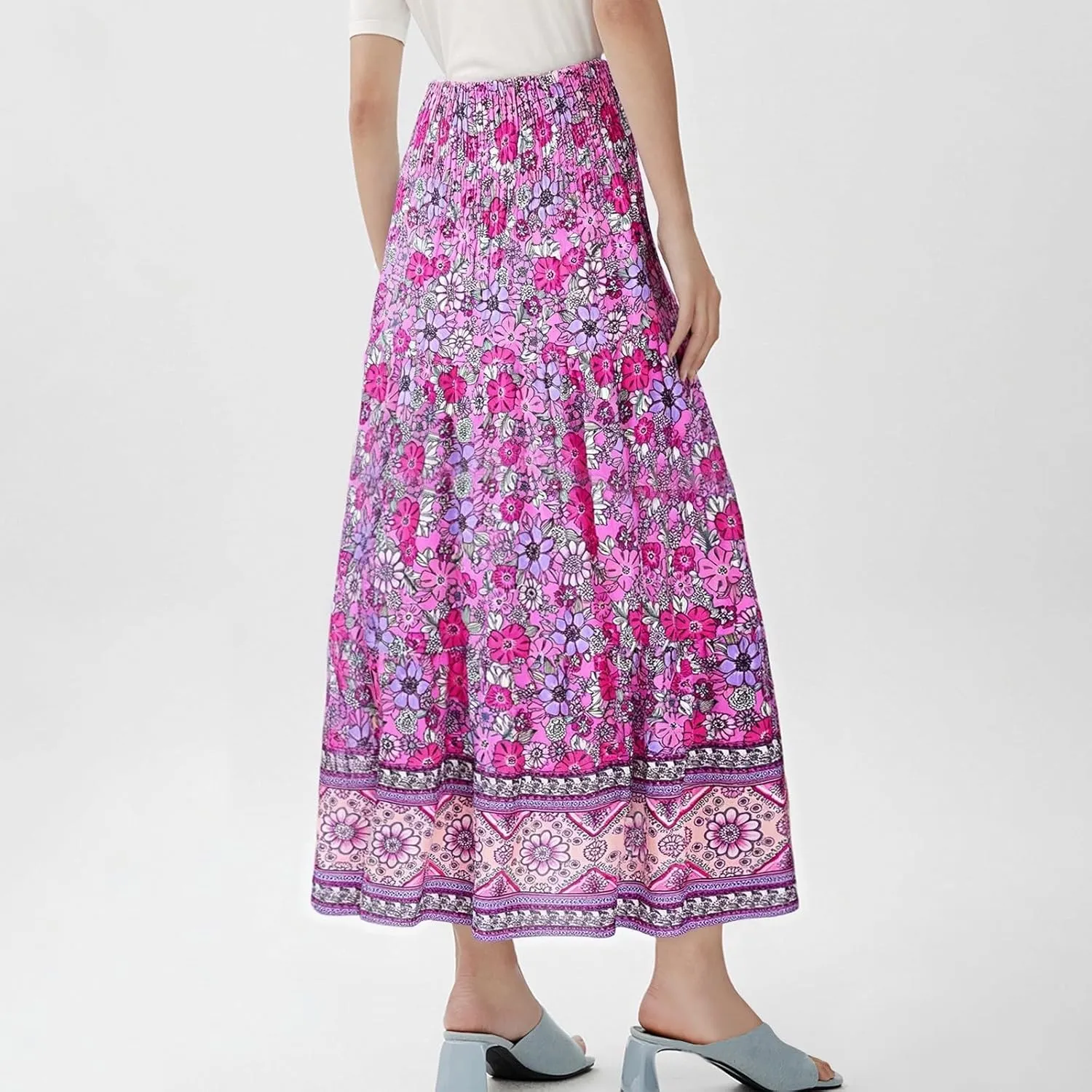 Women's Summer Skirts Boho Maxi Skirt Plus Size Drawstring Elastic Pleated Tiered Aline Skirt Boho Long Tight Skirt