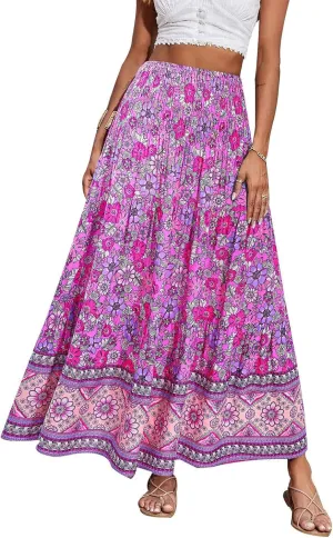 Women's Summer Skirts Boho Maxi Skirt Plus Size Drawstring Elastic Pleated Tiered Aline Skirt Boho Long Tight Skirt