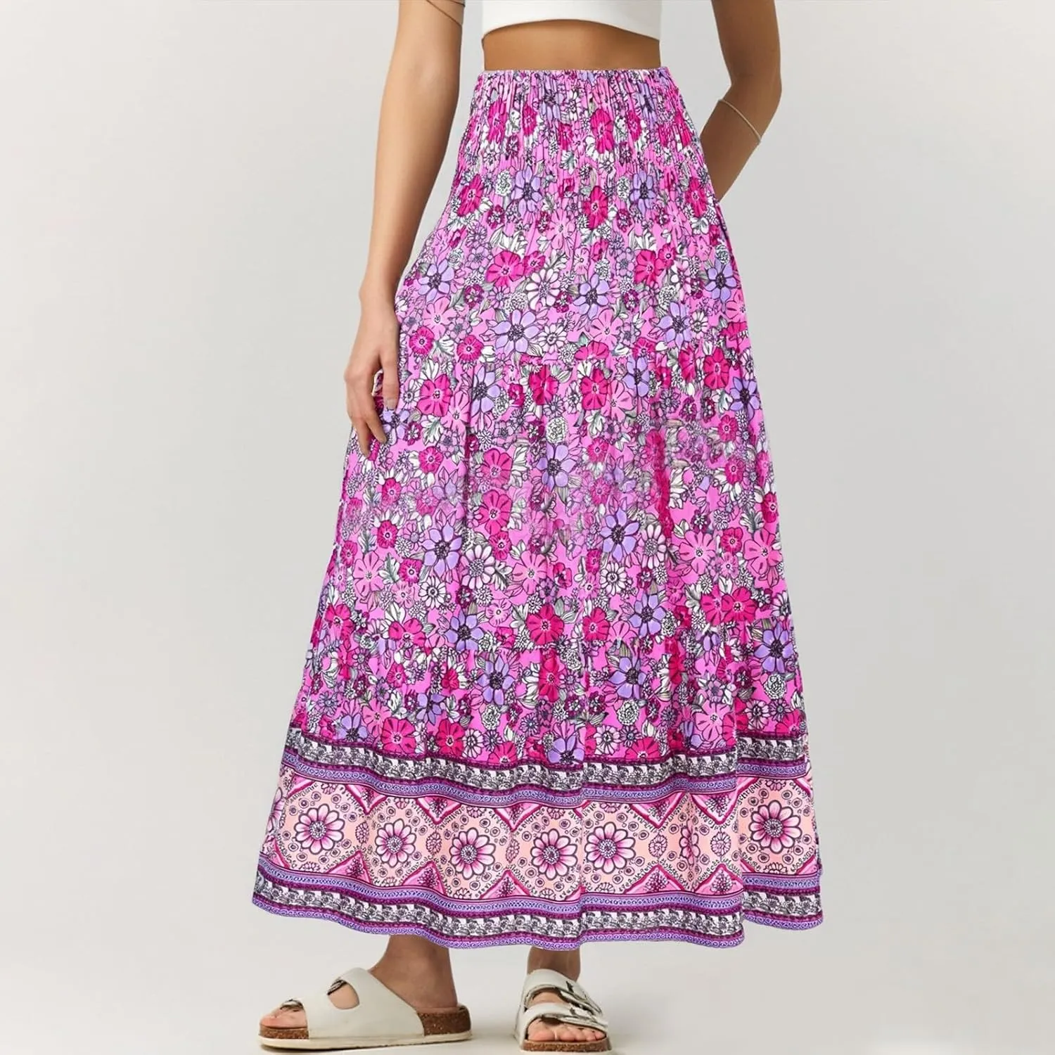 Women's Summer Skirts Boho Maxi Skirt Plus Size Drawstring Elastic Pleated Tiered Aline Skirt Boho Long Tight Skirt