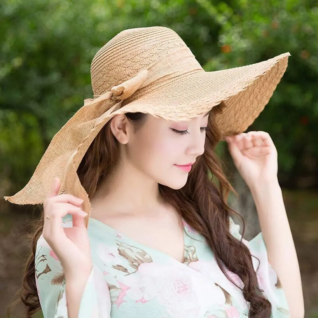 Womens Sun Straw Hat Wide Brim UPF 50 Summer Foldable Roll up Floppy Beach Hats Outdoor Sun Hats for Women