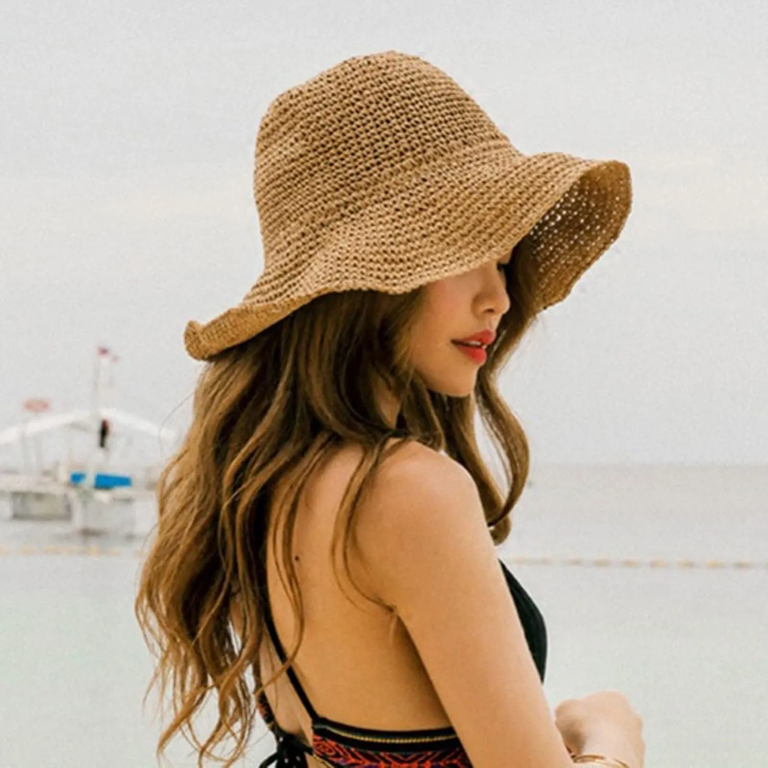 Womens Sun Visor Hat Wide Brim Beach Straw Hats for Women Cap Floppy Foldable Roll-Up Straw Hats for Women