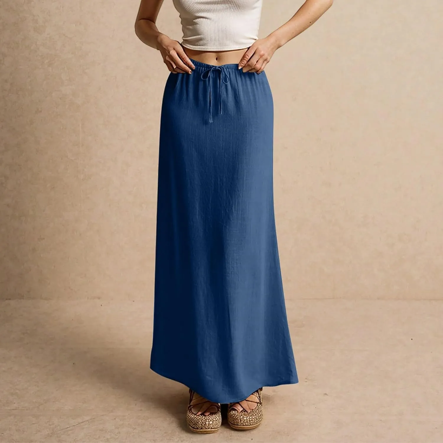 Women's Sundresses 2025 Summer Casual Loose Trendy Drawstring Solid Color Long Maxi Beach Sun Linen Skirts, S-2XL