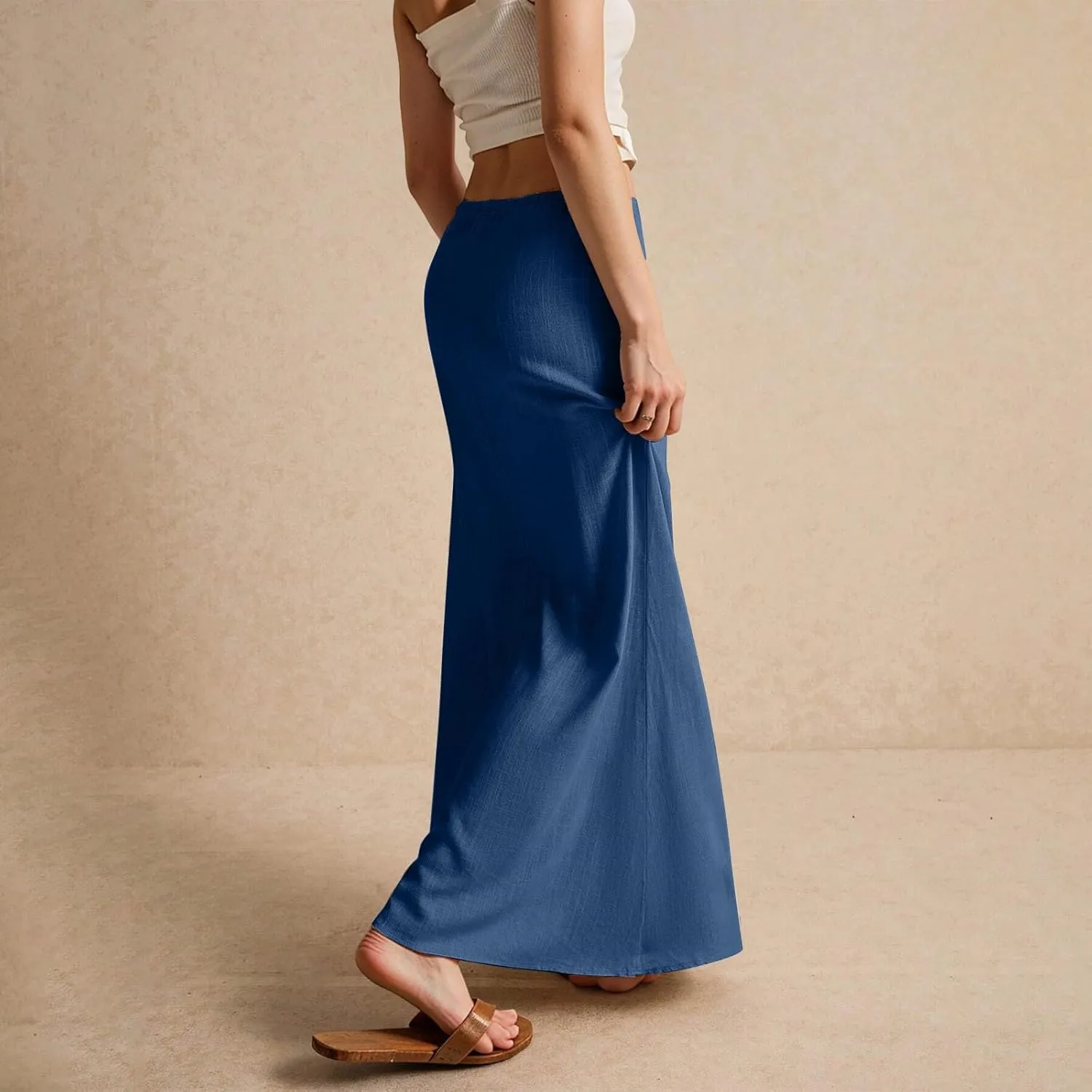 Women's Sundresses 2025 Summer Casual Loose Trendy Drawstring Solid Color Long Maxi Beach Sun Linen Skirts, S-2XL