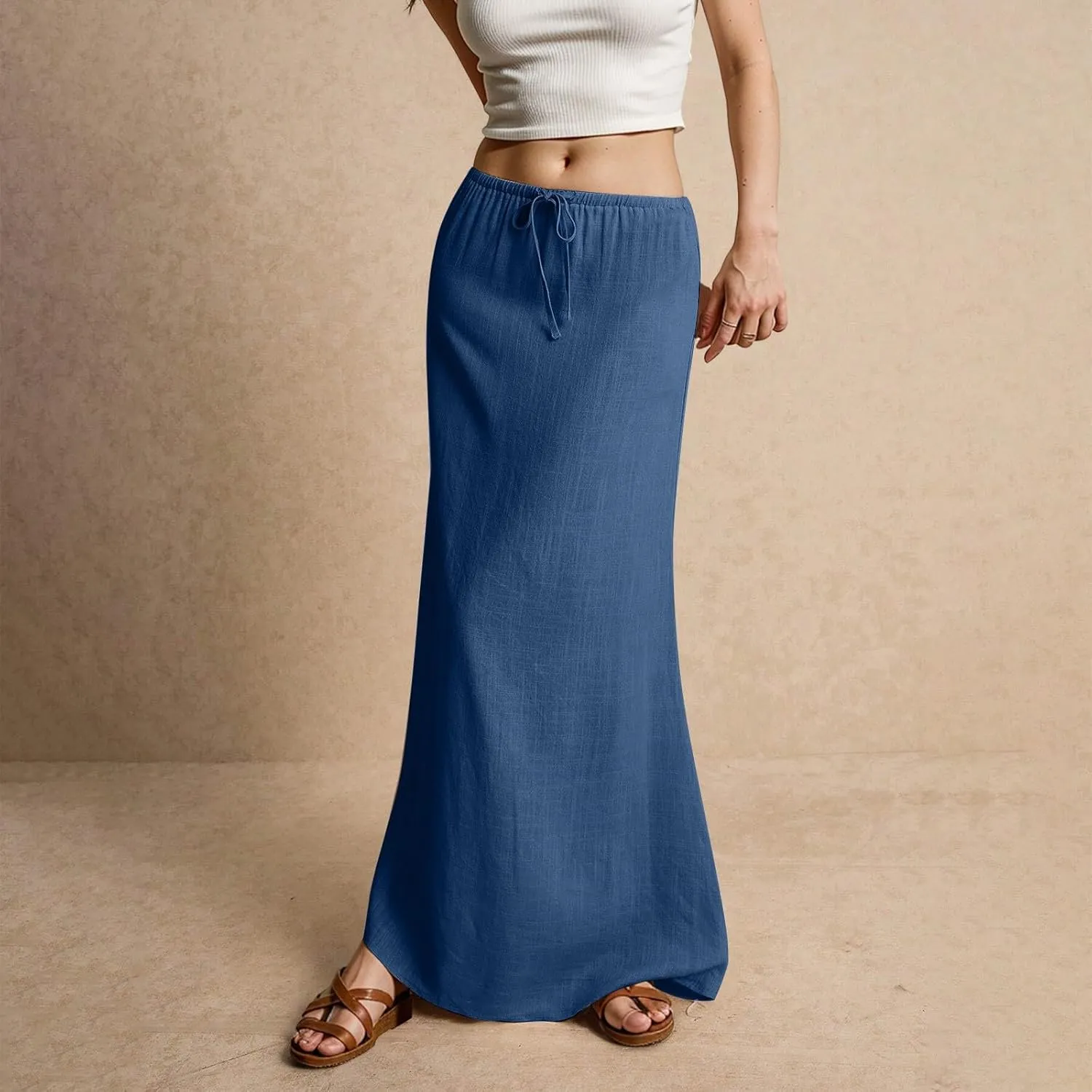 Women's Sundresses 2025 Summer Casual Loose Trendy Drawstring Solid Color Long Maxi Beach Sun Linen Skirts, S-2XL