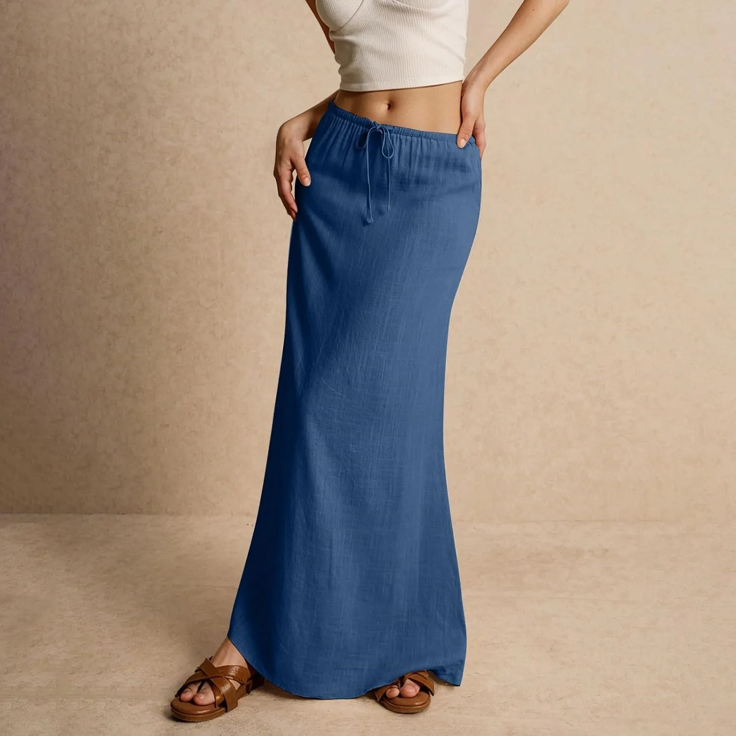 Women's Sundresses 2025 Summer Casual Loose Trendy Drawstring Solid Color Long Maxi Beach Sun Linen Skirts, S-2XL