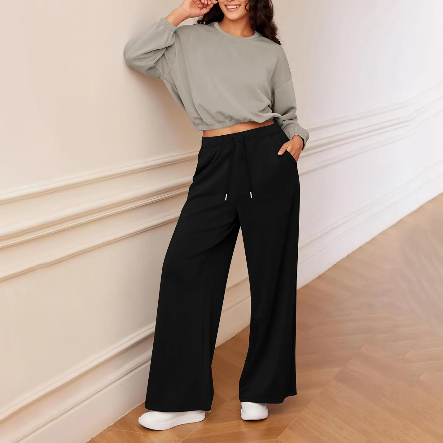 Womens Tall Sweatpants Loose Fit Wide Leg Joggers with Pockets Business Casual Comfy High Wasited Sweat Pants Preppy