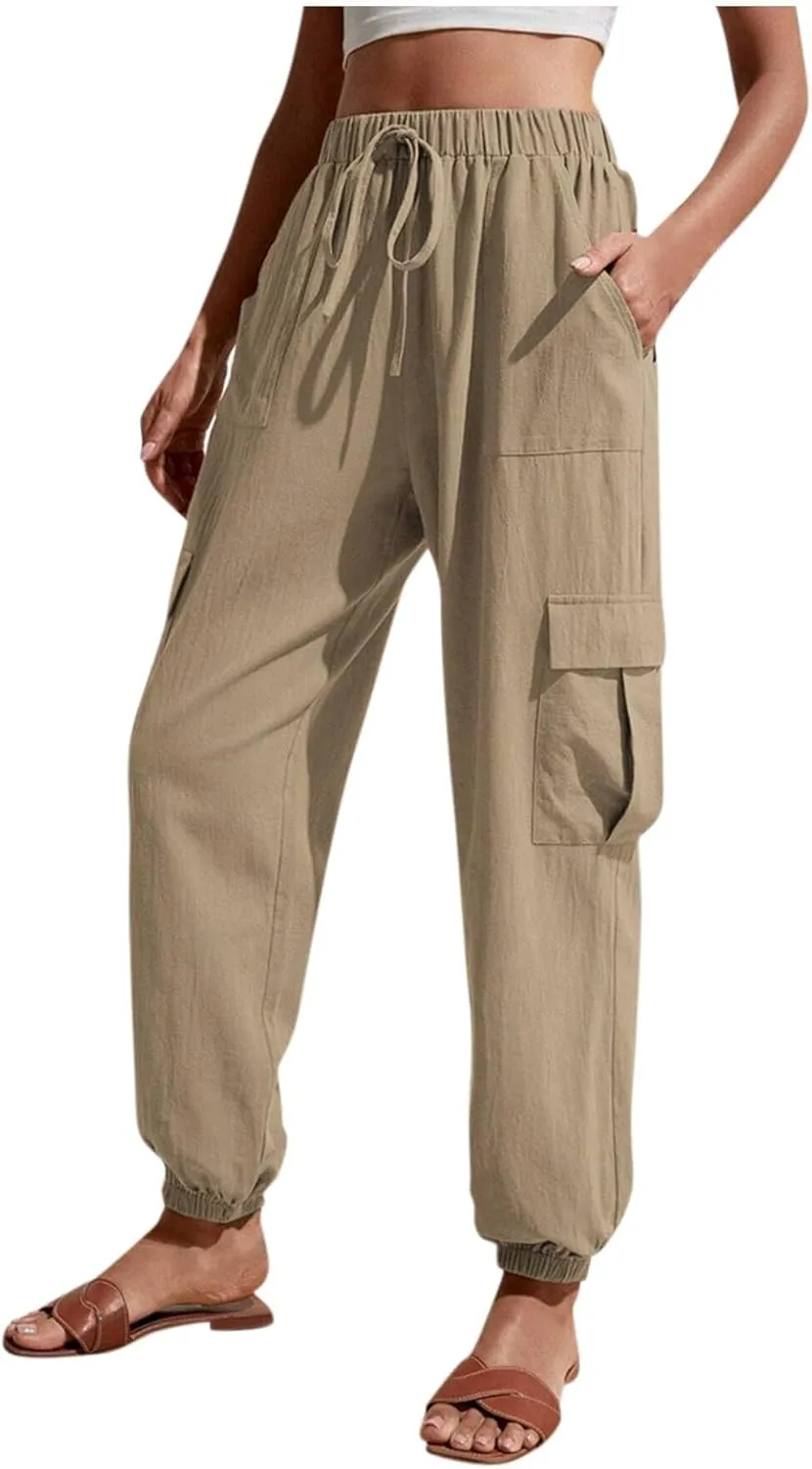 Womens Tapered Cargo Pants Trendy Drawstring Elastic High Waisted Wide Leg Pants Loose Solid Color Casual Trousers