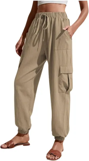 Womens Tapered Cargo Pants Trendy Drawstring Elastic High Waisted Wide Leg Pants Loose Solid Color Casual Trousers