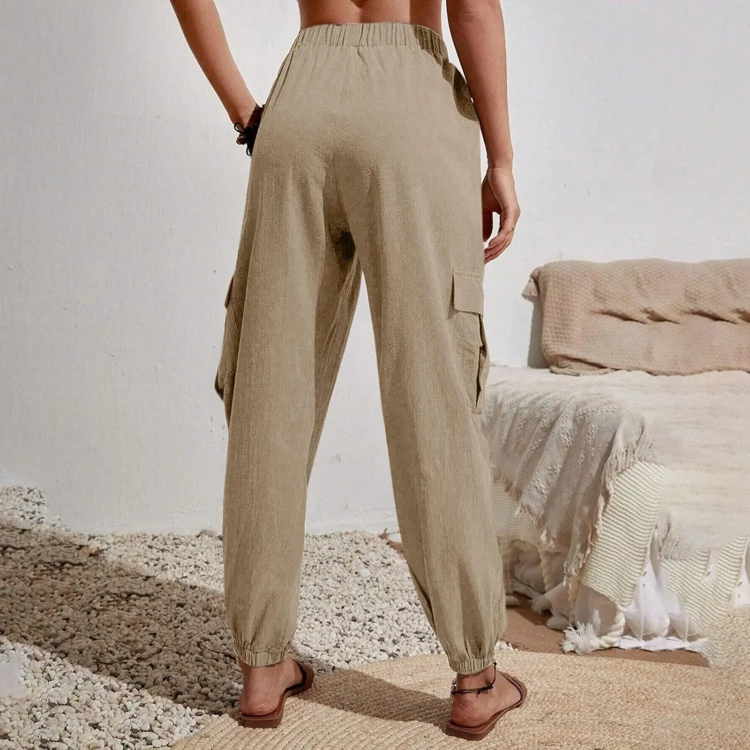 Womens Tapered Cargo Pants Trendy Drawstring Elastic High Waisted Wide Leg Pants Loose Solid Color Casual Trousers