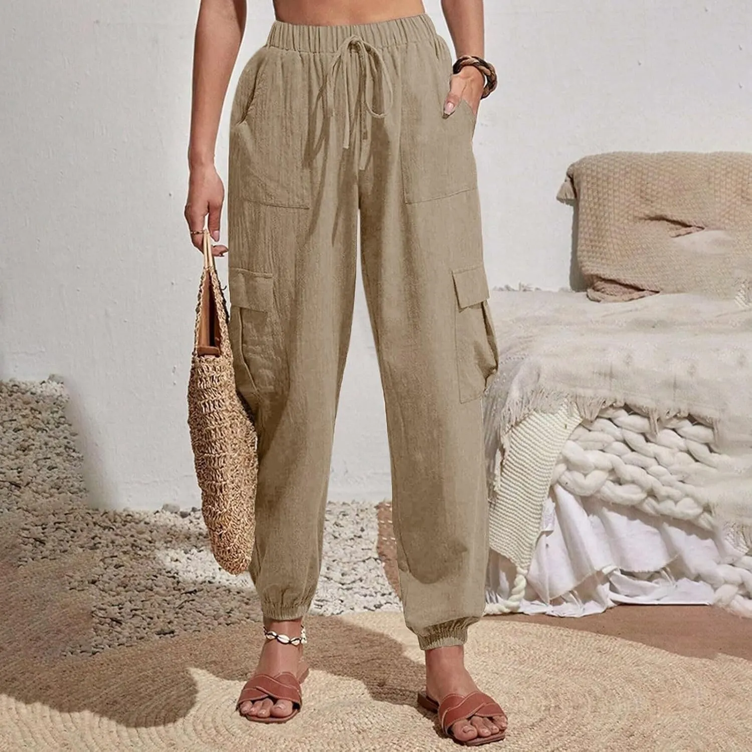 Womens Tapered Cargo Pants Trendy Drawstring Elastic High Waisted Wide Leg Pants Loose Solid Color Casual Trousers