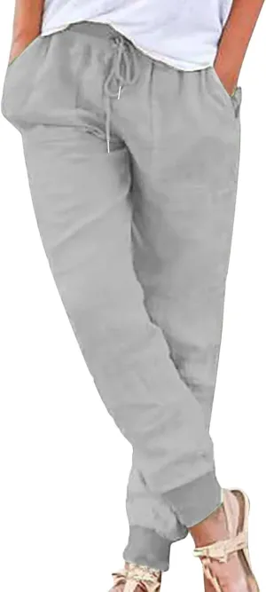 Womens Tapered Pant Summer Lightweight Cotton Linen Pants Drawstring Elastic Waist Loose Fit Casual Pant with Pockets