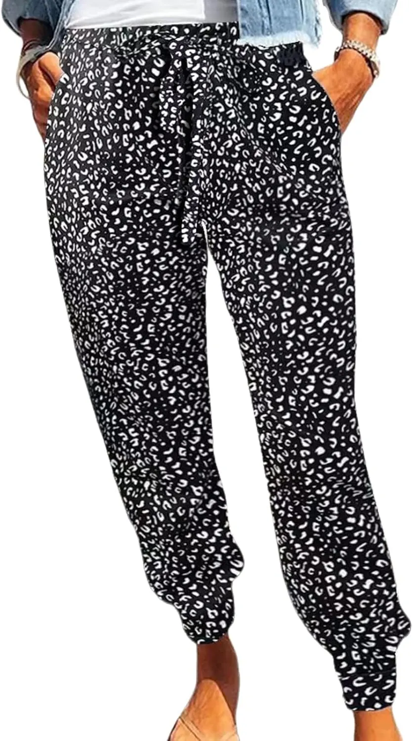 Womens Tapered Pants Leopard Print Drawstring Elastic High Waist Long Pants Loose Soft Casual Trousers with Pockets