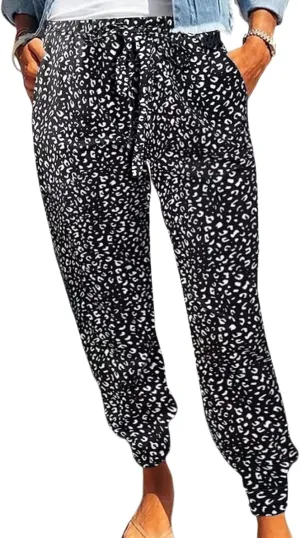 Womens Tapered Pants Leopard Print Drawstring Elastic High Waist Long Pants Loose Soft Casual Trousers with Pockets