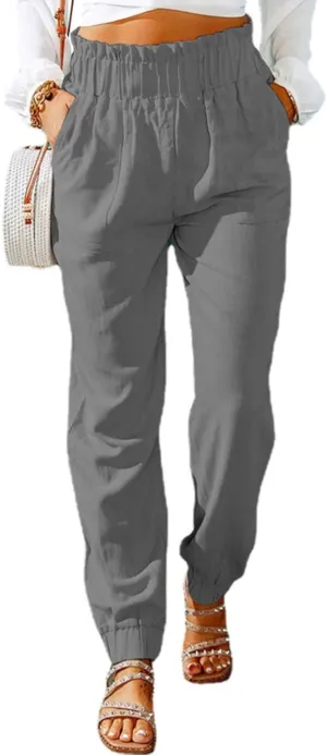 Womens Tapered Pants Summer Stretchy Ruffle High Waisted Pant Business Casual Solid Harem Pants Trousers with Pockets