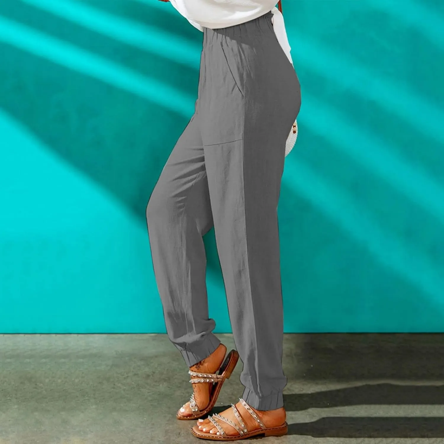 Womens Tapered Pants Summer Stretchy Ruffle High Waisted Pant Business Casual Solid Harem Pants Trousers with Pockets