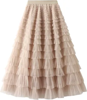 Women's Tulle Long Skirt Elastic Waist Mesh Pleated Maxi Skirt Ruffle Tiered Layered Tulle Tutu Skirt Cake Skirt