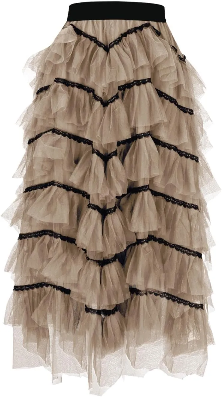 Women's Tulle Skirts Maxi Elastic Waist Cake Layered Ruffles Mesh Long Tiered Skirt Flowy A-Line Party Tutu Skirts