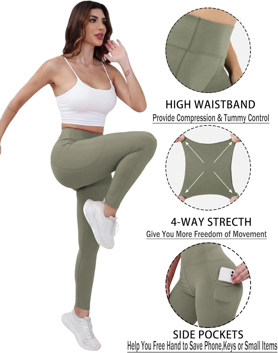 Workout Leggings with Pockets for Women Buttery Soft Elastic Compression Leggings High Waist Running Yoga Pants