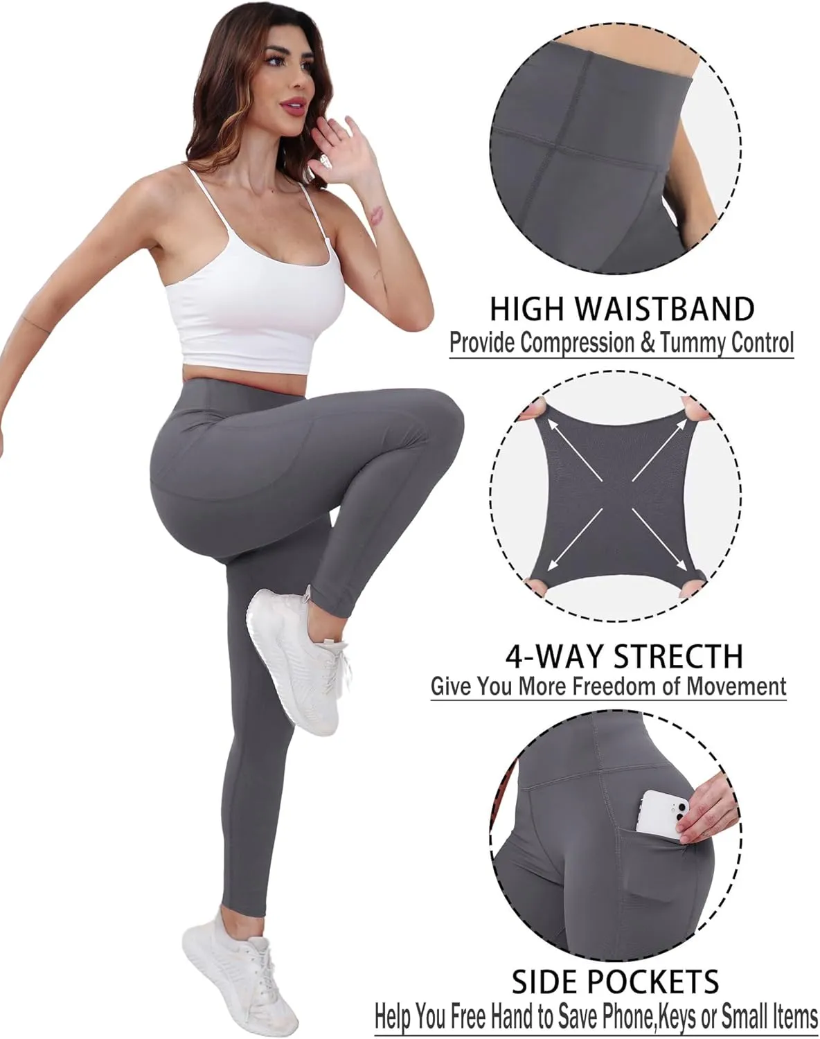 Workout Leggings with Pockets for Women Buttery Soft Elastic Compression Leggings High Waist Running Yoga Pants