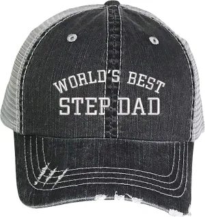 Worlds Best Step Dad Embroidered Distressed Trucker Hat - Best Stepdad Frayed Bill Mesh Back Cap