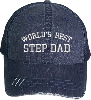 Worlds Best Step Dad Embroidered Distressed Trucker Hat - Best Stepdad Frayed Bill Mesh Back Cap