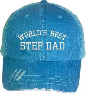 Worlds Best Step Dad Embroidered Distressed Trucker Hat - Best Stepdad Frayed Bill Mesh Back Cap