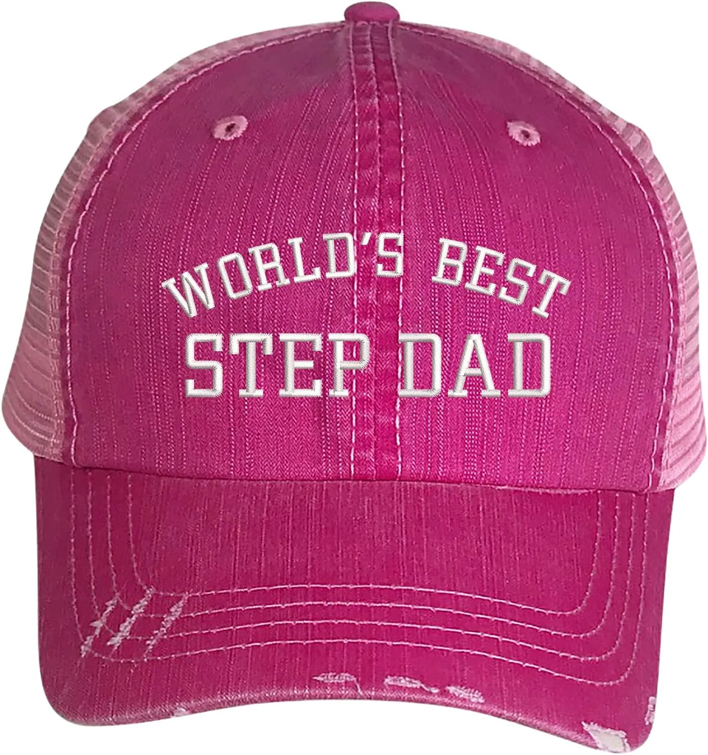 Worlds Best Step Dad Embroidered Distressed Trucker Hat - Best Stepdad Frayed Bill Mesh Back Cap