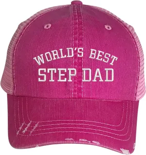 Worlds Best Step Dad Embroidered Distressed Trucker Hat - Best Stepdad Frayed Bill Mesh Back Cap