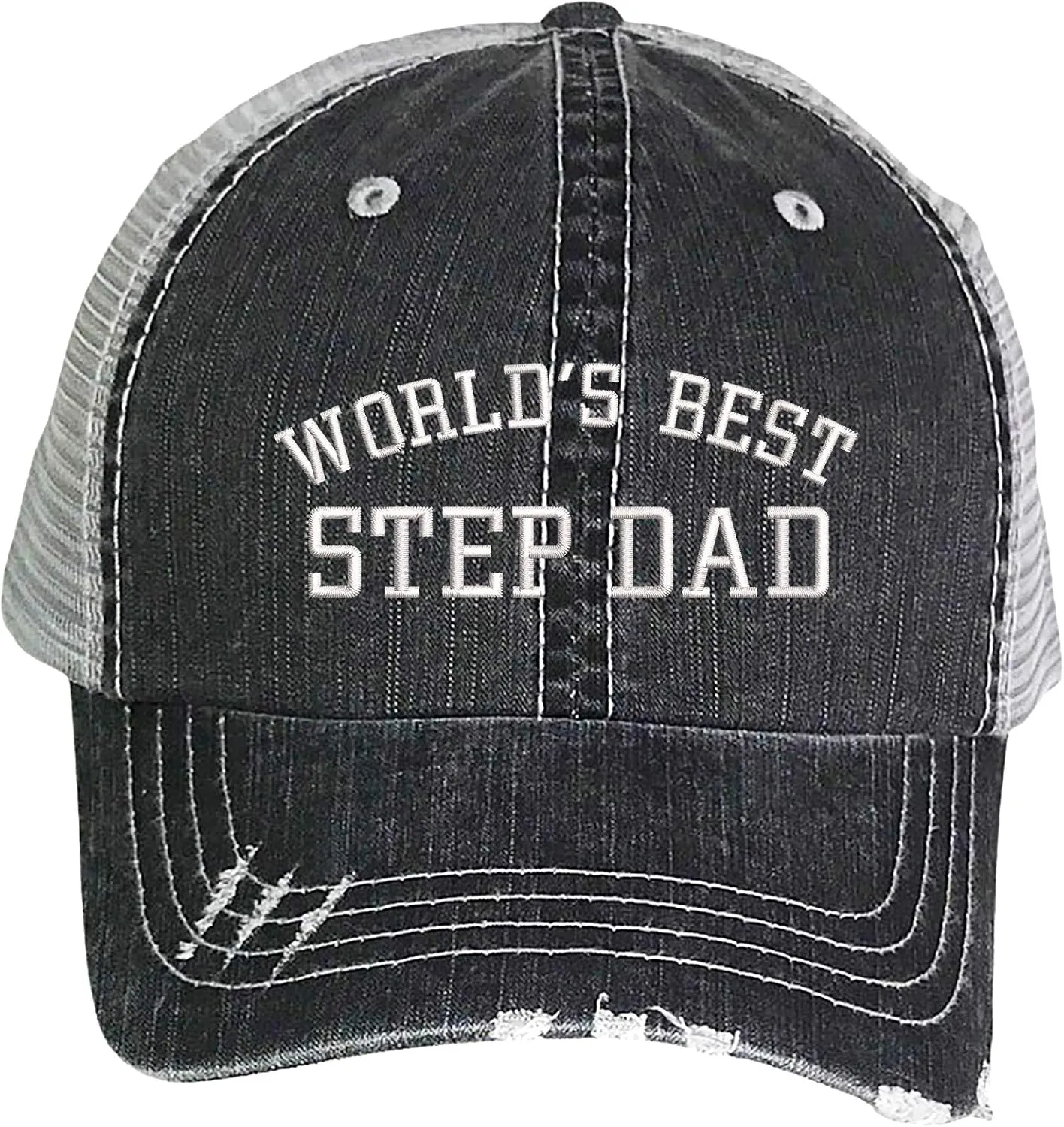 Worlds Best Step Dad Embroidered Distressed Trucker Hat - Best Stepdad Frayed Bill Mesh Back Cap