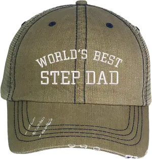 Worlds Best Step Dad Embroidered Distressed Trucker Hat - Best Stepdad Frayed Bill Mesh Back Cap