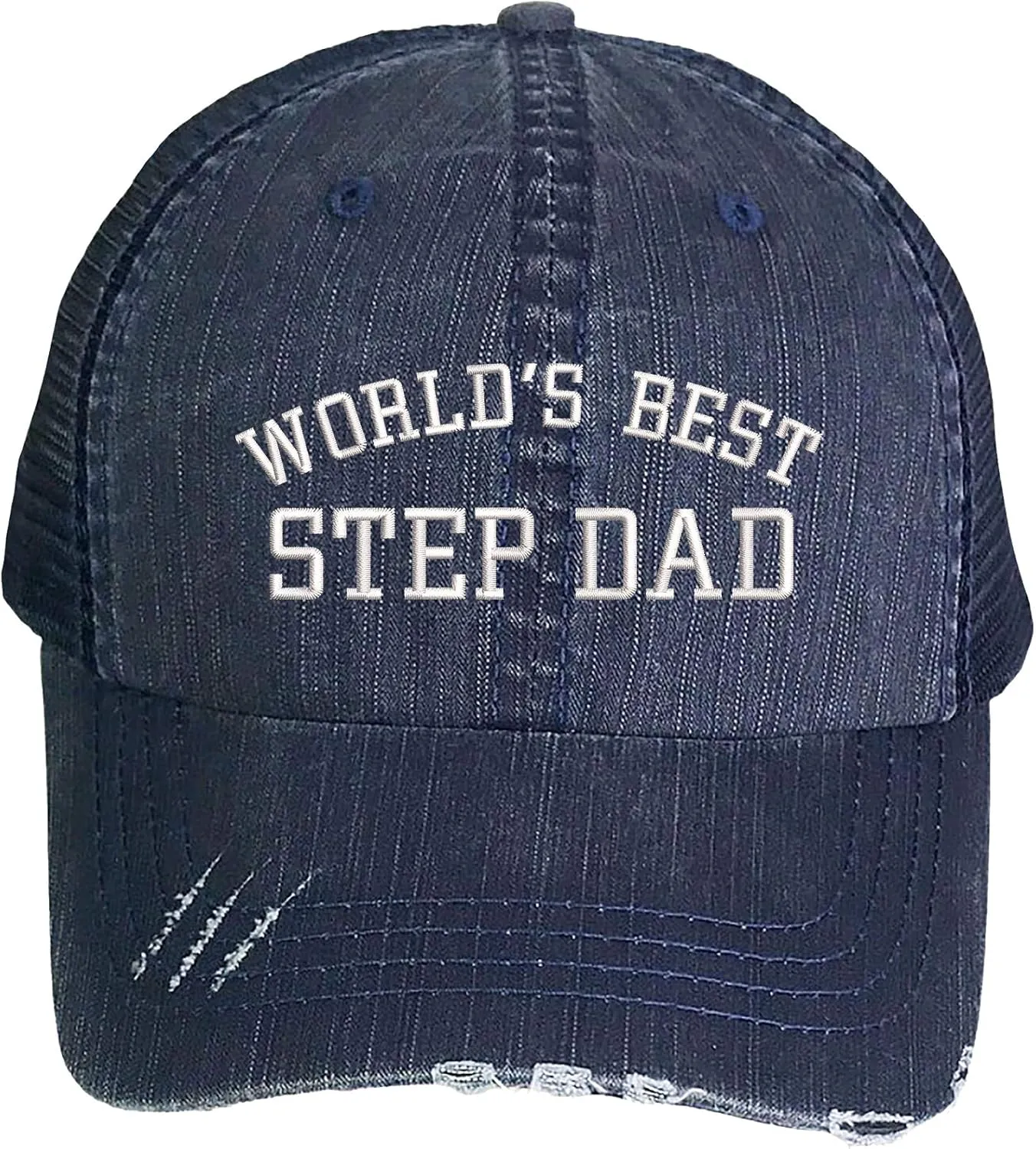 Worlds Best Step Dad Embroidered Distressed Trucker Hat - Best Stepdad Frayed Bill Mesh Back Cap