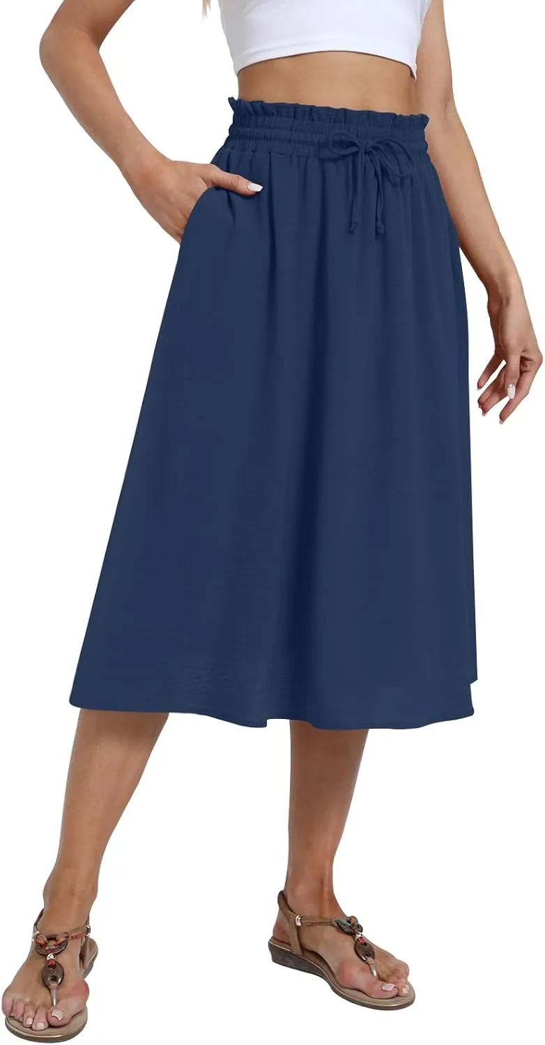 Yincro Women's Summer High Waisted Midi Skirt Elastic Waistband A-Line Skirt with Pockets