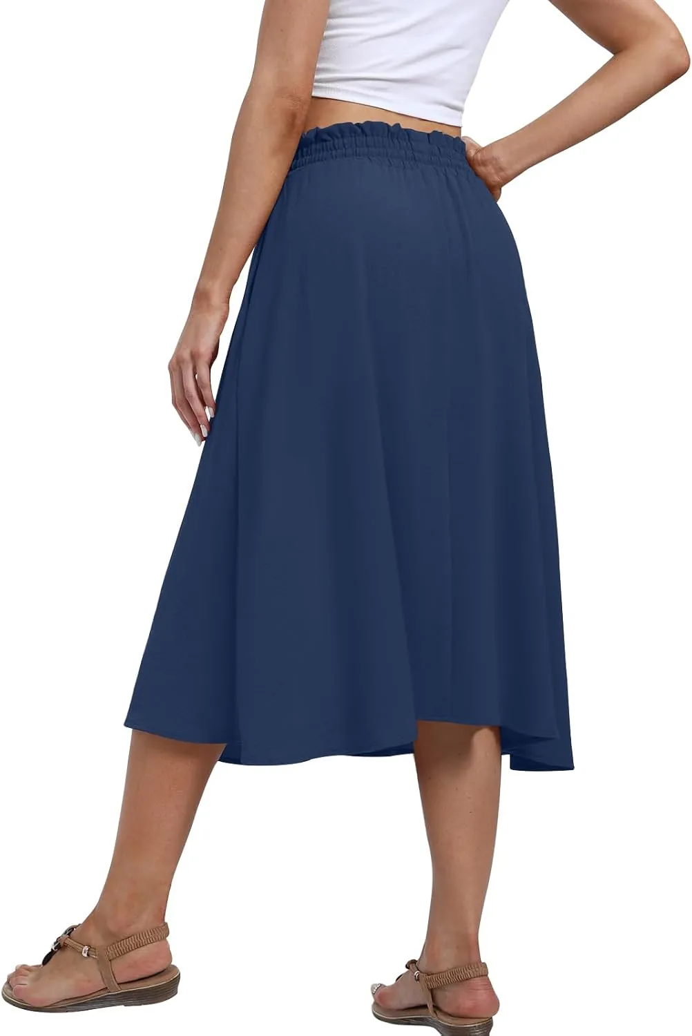 Yincro Women's Summer High Waisted Midi Skirt Elastic Waistband A-Line Skirt with Pockets
