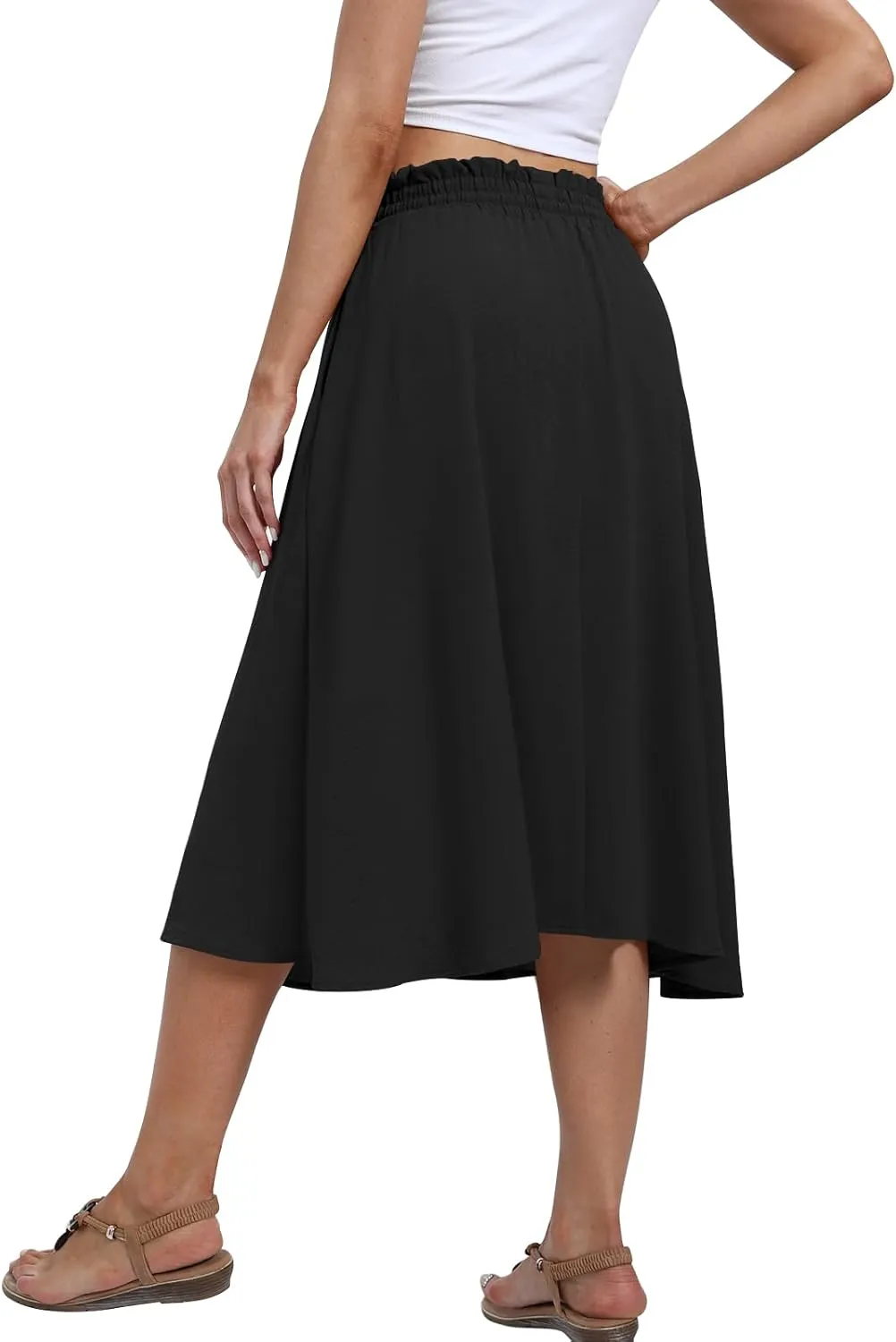 Yincro Women's Summer High Waisted Midi Skirt Elastic Waistband A-Line Skirt with Pockets