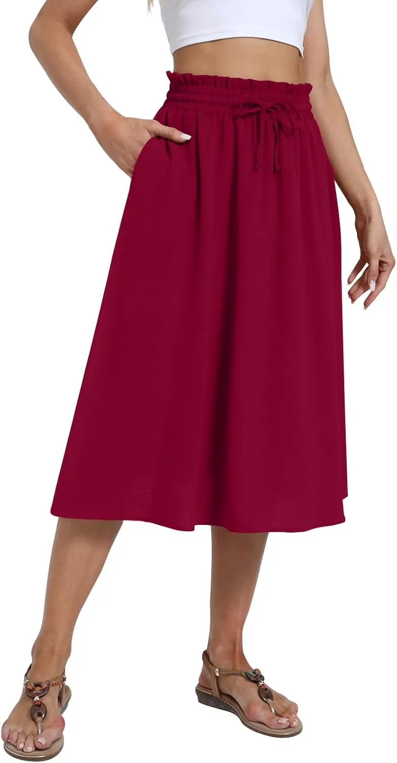 Yincro Women's Summer High Waisted Midi Skirt Elastic Waistband A-Line Skirt with Pockets