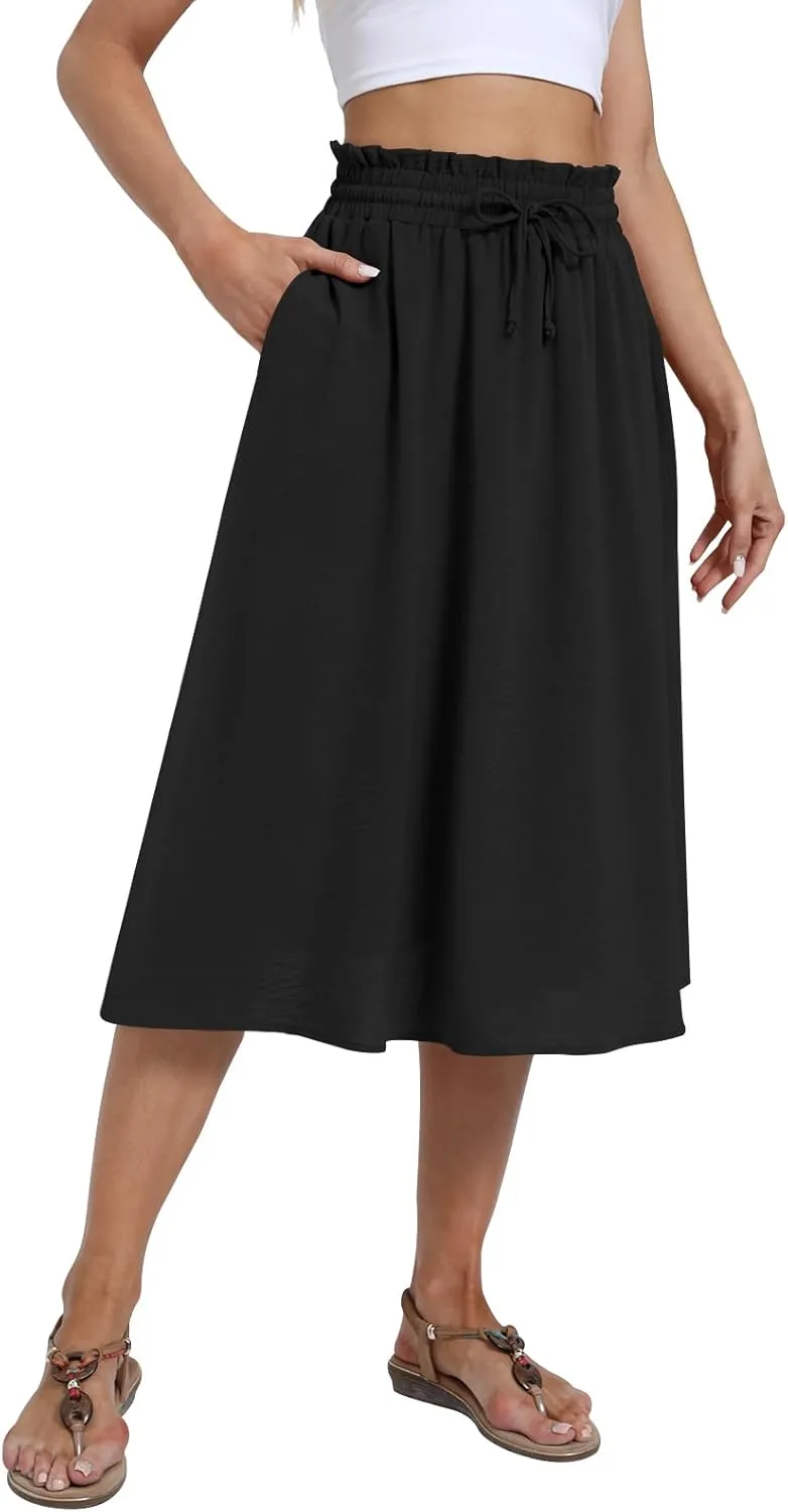 Yincro Women's Summer High Waisted Midi Skirt Elastic Waistband A-Line Skirt with Pockets