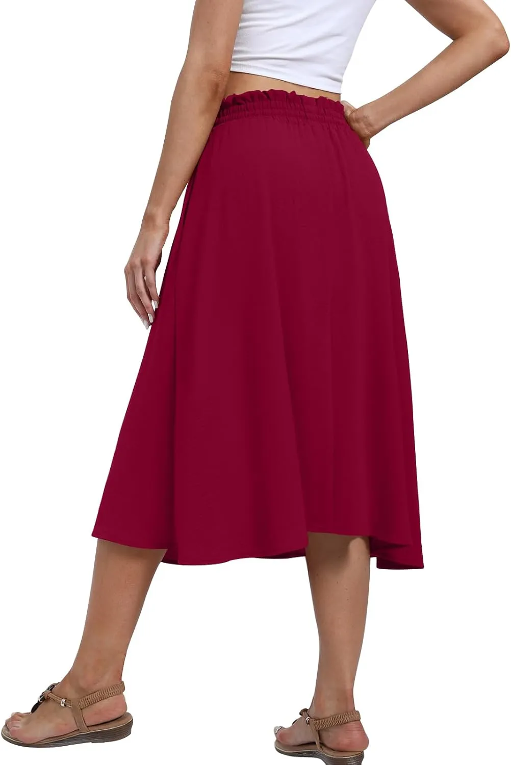Yincro Women's Summer High Waisted Midi Skirt Elastic Waistband A-Line Skirt with Pockets