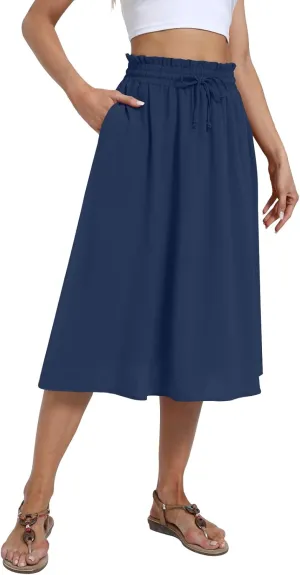 Yincro Women's Summer High Waisted Midi Skirt Elastic Waistband A-Line Skirt with Pockets